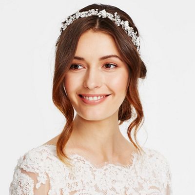 Statement crystal leaf and bead drop halo hair piece